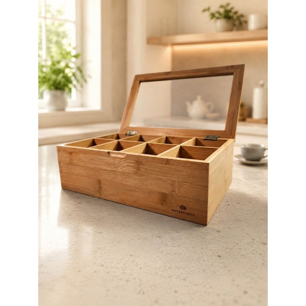 RoyalHouse Bamboo Tea Bag Organizer Box 8-Compartment Storage Chest
